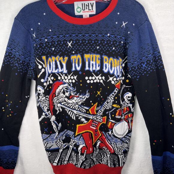 Jolly to the Bone Ugly Christmas Sweater Small Men Women Unisex Skeleton Guitar - Picture 2 of 6